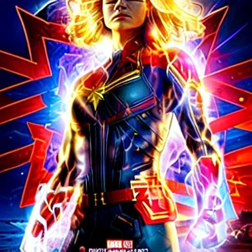 Captain Marvel,flying in the sky, hair on fire, realistic, vibrant colors, Kate beckinsale's face, long hair, gold angel wings, full body, in space, muscular, hyperrealistic