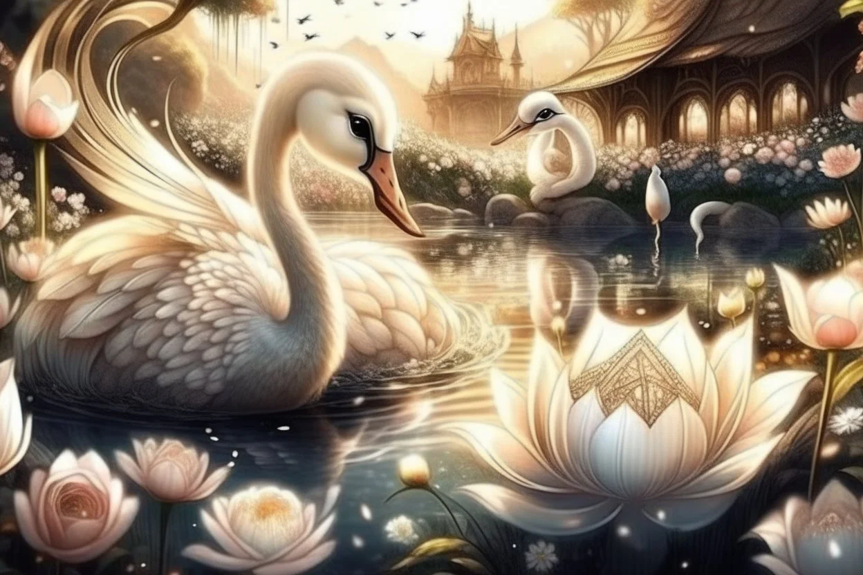 beautiful swan and cute chibi princess in a flowergarden with beautiful flowers, pond, in sunshine, H.R. Giger, anime, steampunk, surreal, watercolor and black in outlines, golden glitter, ethereal, cinematic postprocessing, bokeh, dof