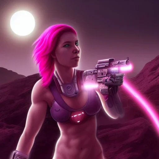 cyborg cute girl, pink hair, sexy, armed, under an alien moon, misty, high detail, 4k