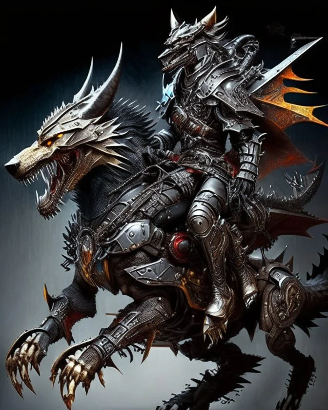 A combination of a dragon and a wolf and a commander riding on it Warrior warrior with leather and metal clothes and robotic metal