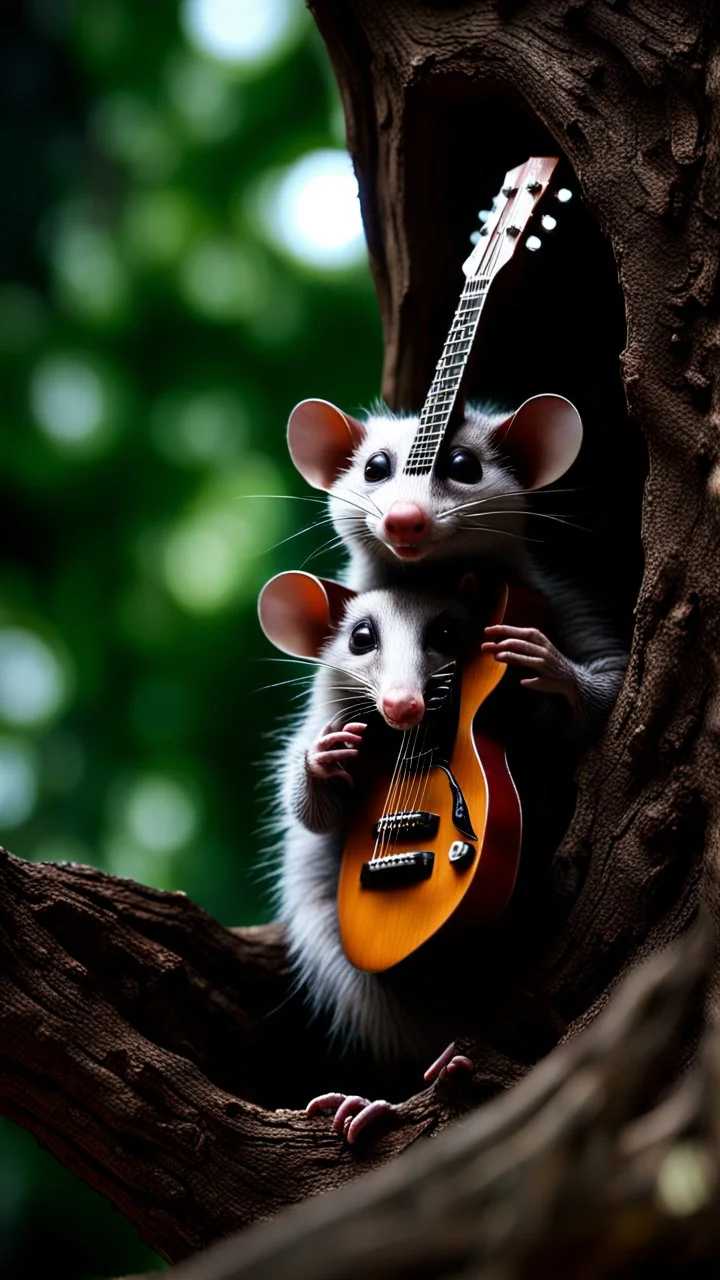 portrait of hairy rock guitar opossum living inside a tree house in a hollow huge tree growing light bulbs,bokeh like f/0.8, tilt-shift lens 8k, high detail, smooth render, down-light, unreal engine, prize winning