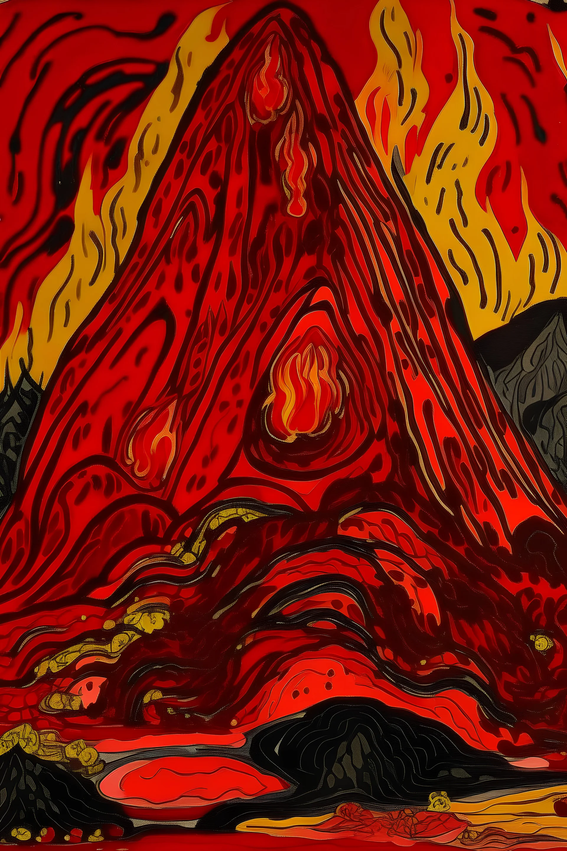 A red volcano with chaotic fire painted by Jean Dubuffet