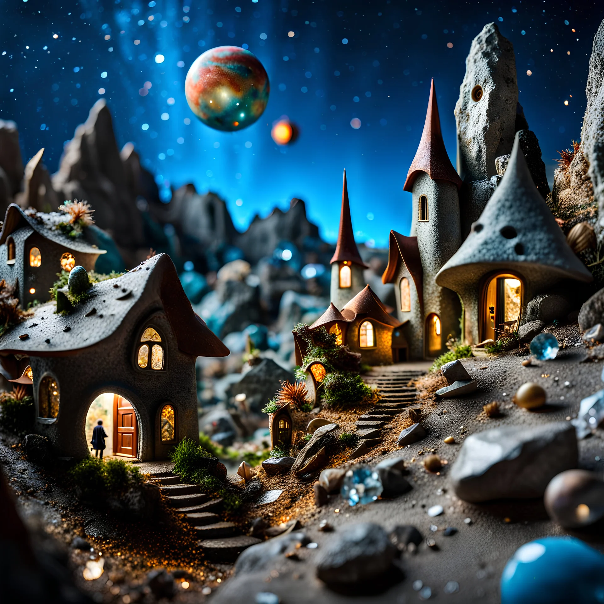 Close-up photograph of a village, naïve, people, houses, rock formations, stars and planets, animals, fungi, crystals, mineral concretions, extreme detail, intricate, volumetric light, colours, Tim Burton, Max Ernst, Yves Tanguy, sparkles, bokeh