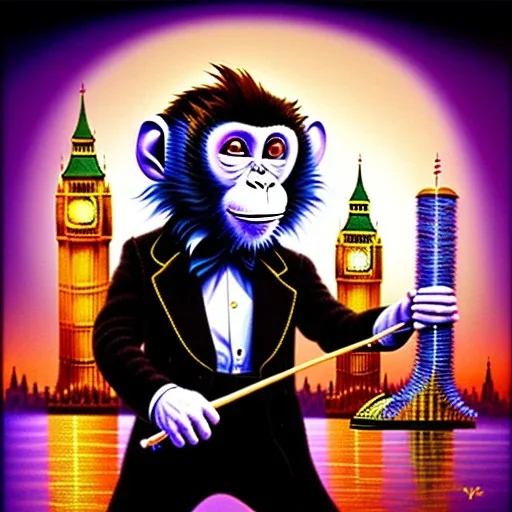 A monkey playing the drums, london skyline at night, in the style of Salvador Dali