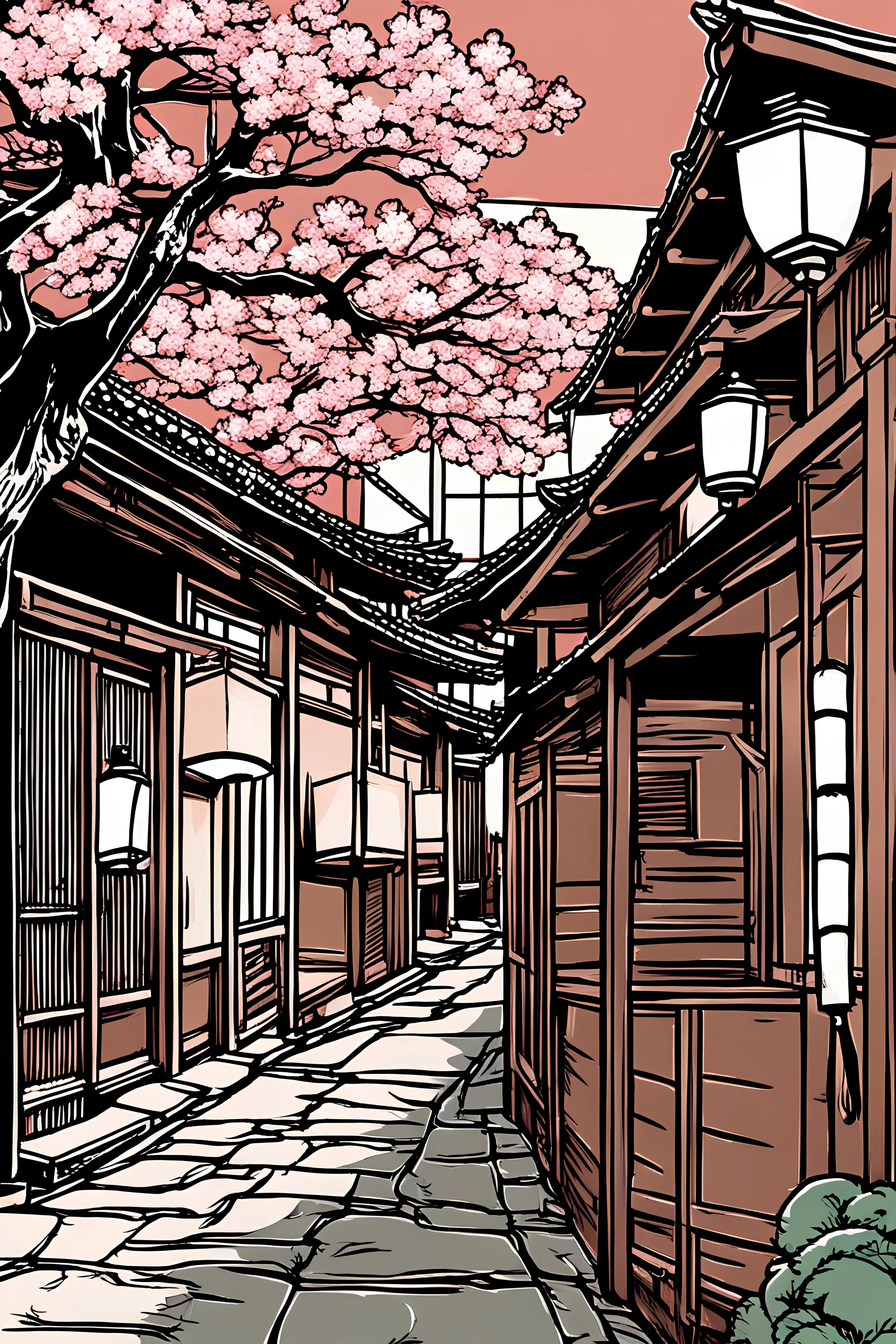 streetscape illustration showcasing an old corner and street . a narrow alleyway adorned with lanterns leads to a traditional Japanese wooden house with a cherry blossom tree in bloom,line drawing ,vived colors