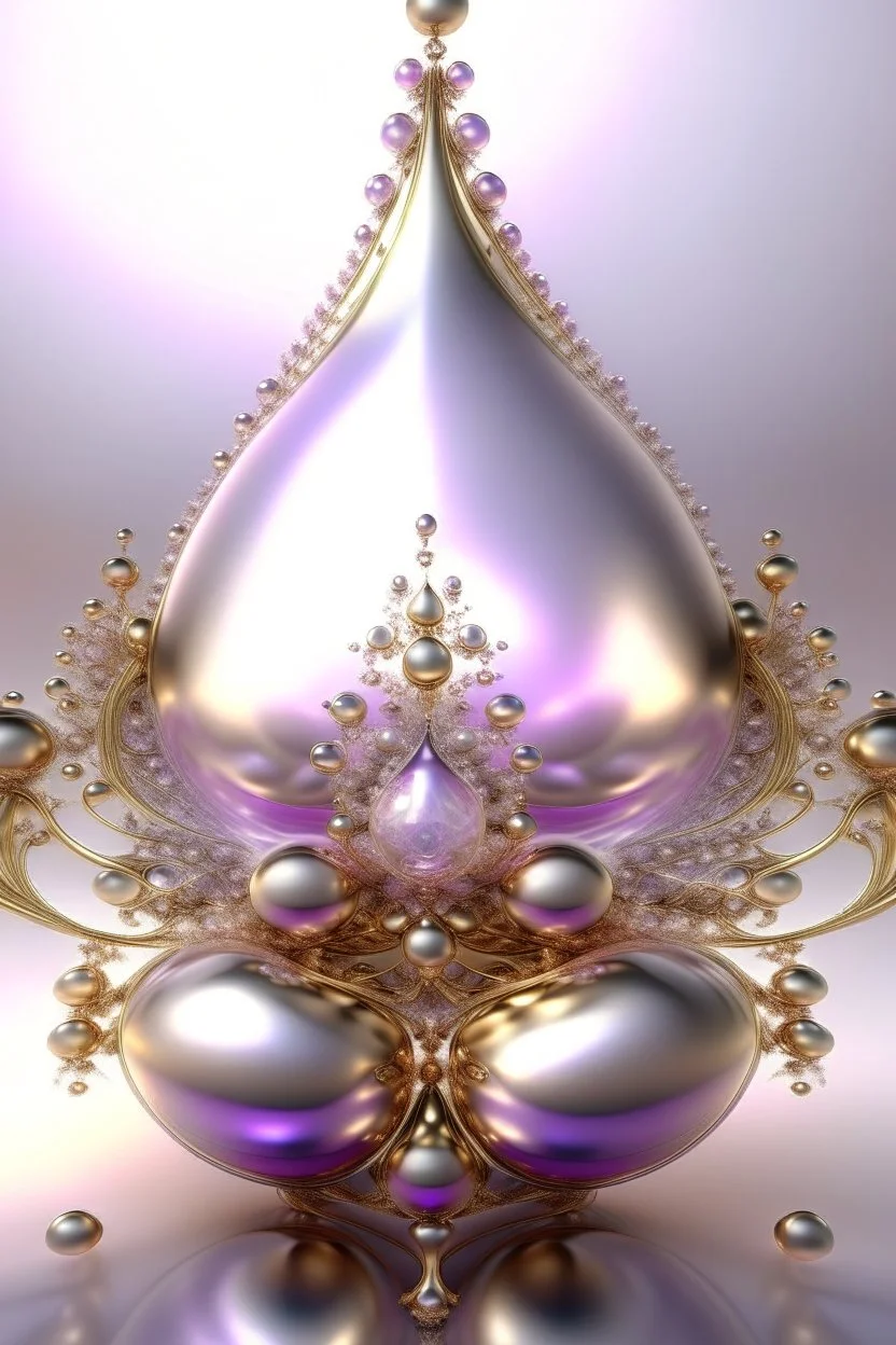 completely in the center of the frame, three-dimensional multi-layered fractal shape of four rotating droplets, high-octane rendering, fantasy, abstraction, bright light from behind, gradient, color pale lilac, silver, light pink, gold, pearls, golden thin curls in the light, front view, aesthetically pleasing, exquisite, elegant, beautiful, professional photo, high resolution 1080px, high quality, high detail, 30mm lens,1/250s, f/2.8, ISO 100, 4k, 6d, Dali style