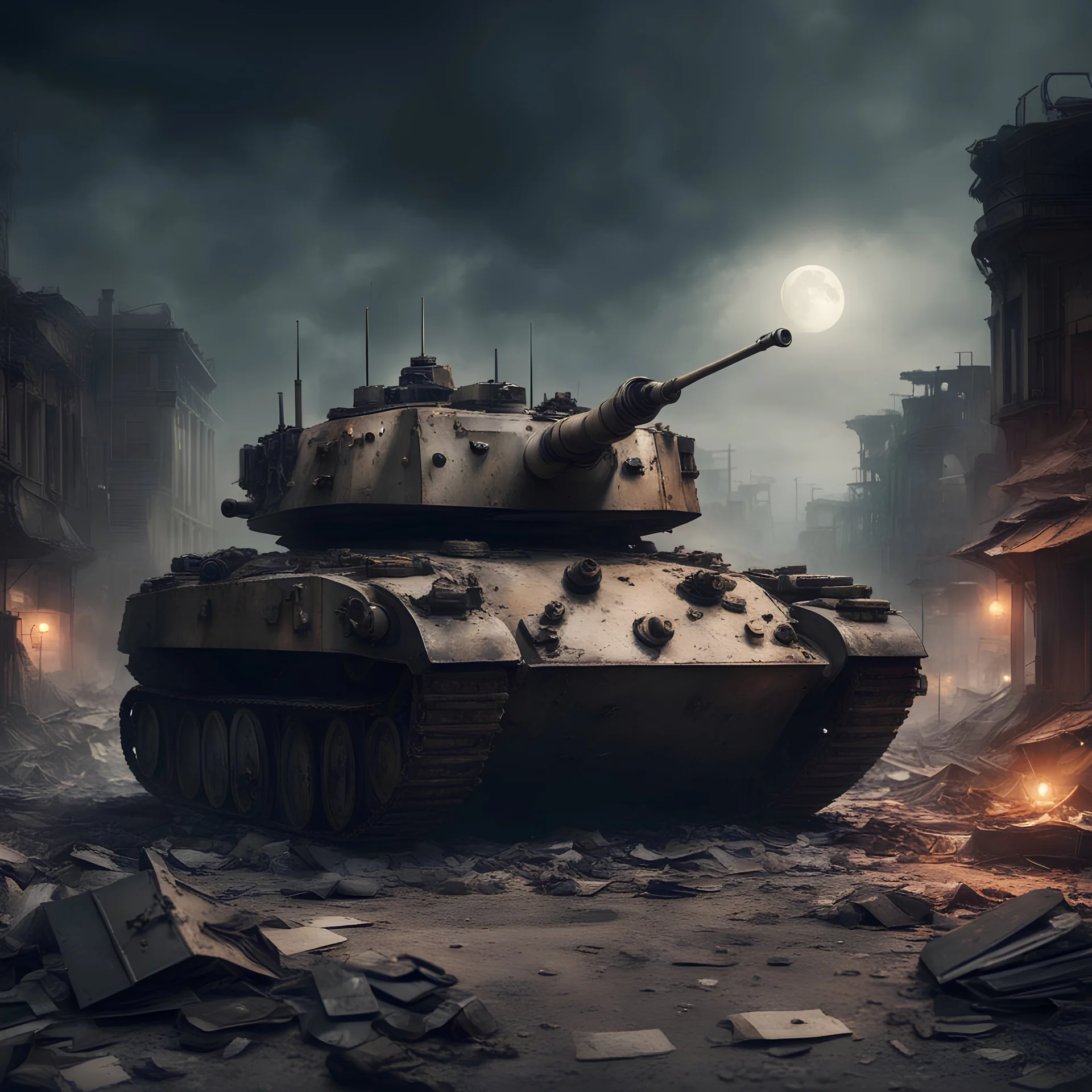 apocalyptic , atmospheric ancient Panzer Tank with luggage ruined city night