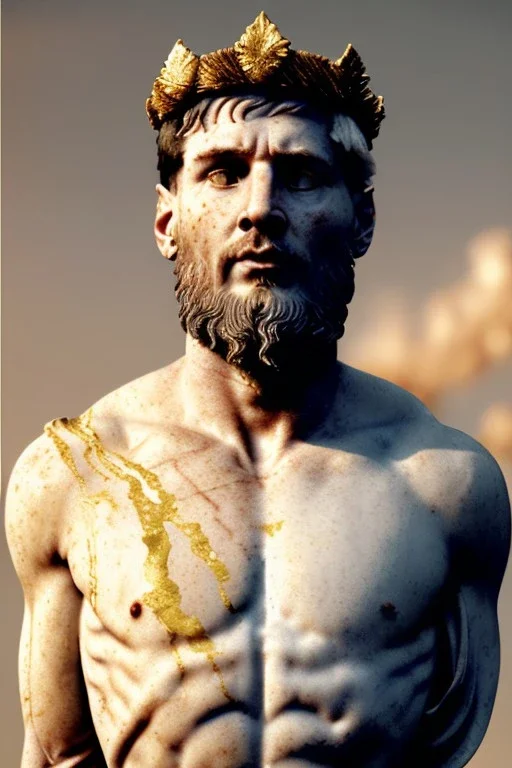 Realistic image, Roman sculpture made in white marble with gold veins, Lionel messi with gold laurel leaves crown, two blue brushes, decorative star on the chest, waist up portrait, marble material, gold ornaments, Baroque style, sun rays background, epic, celestial, cinematic lighting, God lights, 4k resolution, smooth details, soft lighting, unreal engine 5, art station, substance 3d.