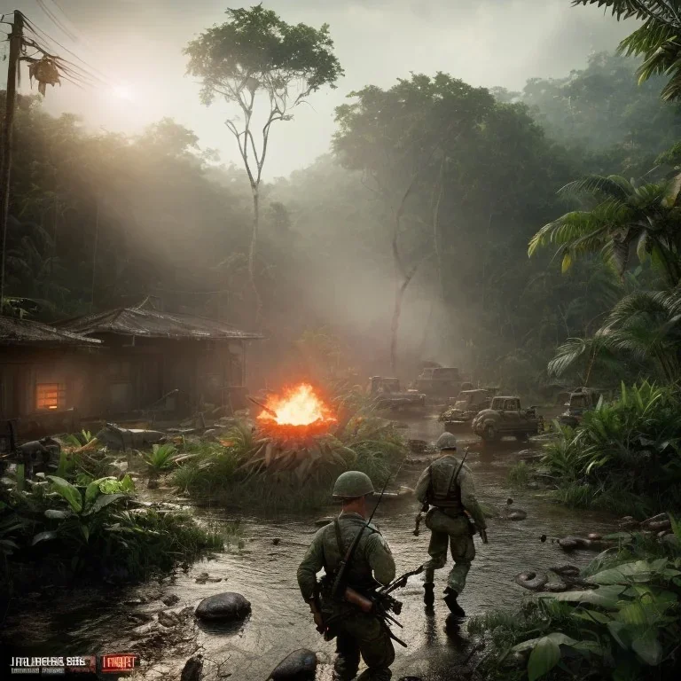 vietnam war. jungle. cd cover. bokeh. lens flare. warm lights. high detailed