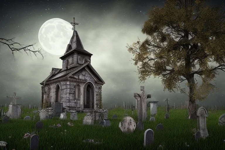 small church, graveyard, one moon, dead tree