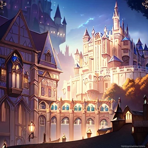 Clear focus, 8k, high quality, detailed, beautiful lighting, quiet European mountain village fantasy, Castle, Houses, Three,
