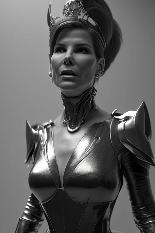 Sandra Bullock as evil queen in black leather gown, cleavage, angry, dominaneering, stern look unreal 5, octane render,cinema4d, dynamic lighting, dramatic lighting, 4k, redshift render, highly detailed, hyper realistic