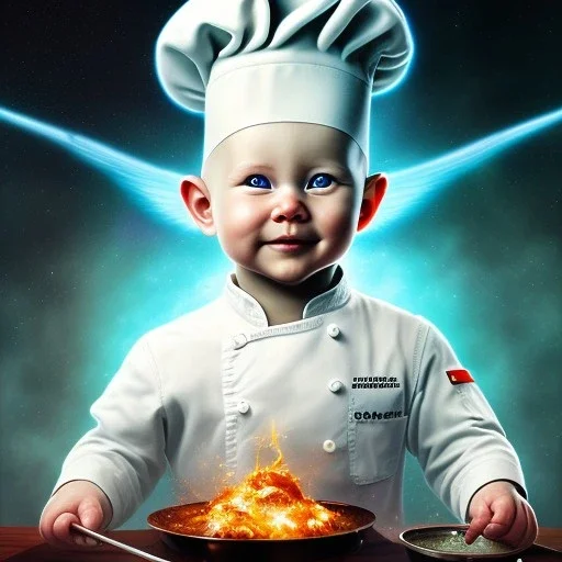 a happy human baby chef called tobias with no hair,halo, wings, drinking, sitting in chair, photo realistic spray painting, dark wood background, book cover illustration