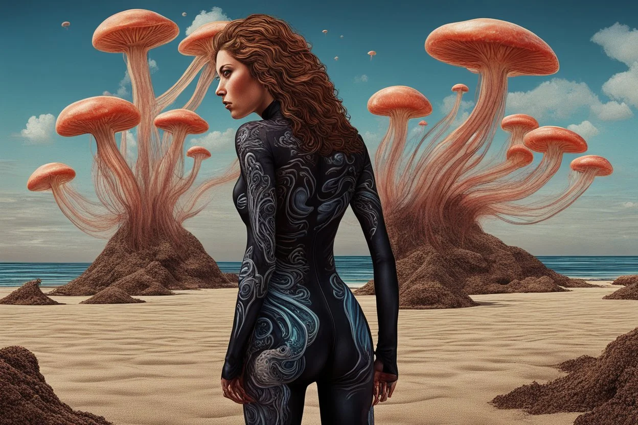 woman in a catsuit, standing on a beach of an alien world, watching mushrooms with jellyfish tentacles in the sky, photorealistic, Deep Colour, Fantastical, Intricate Detail, sunshine