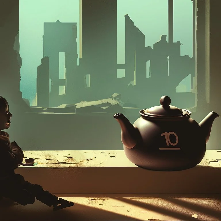 A teapot is shining and a laughing child is looking at it. The child’s image is reflected inside the teapot and behind the child is the reflection of a destroyed city.