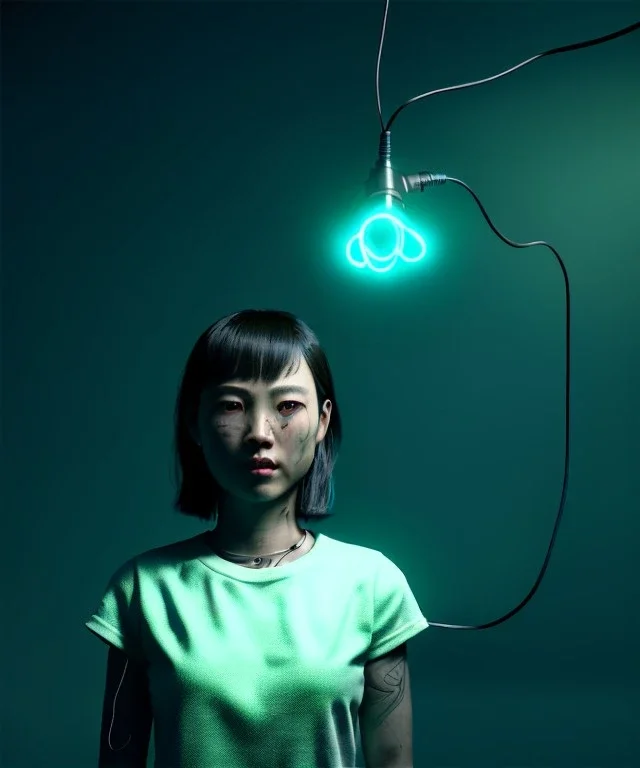 Ultra realistic photographic night portrait, cinematic, <Asian woman> <hanging wires> <retro monitor> many wires coming out of the head <perfect pupil> <cyborg arm> <garage> <wide angle Shot> <sci-fi futuristic> <thriller>, neon lights, color fog, soft color, highly detailed, unreal engine 5, ray tracing, RTX, lumen lighting, ultra detail, volumetric lighting, high definition.