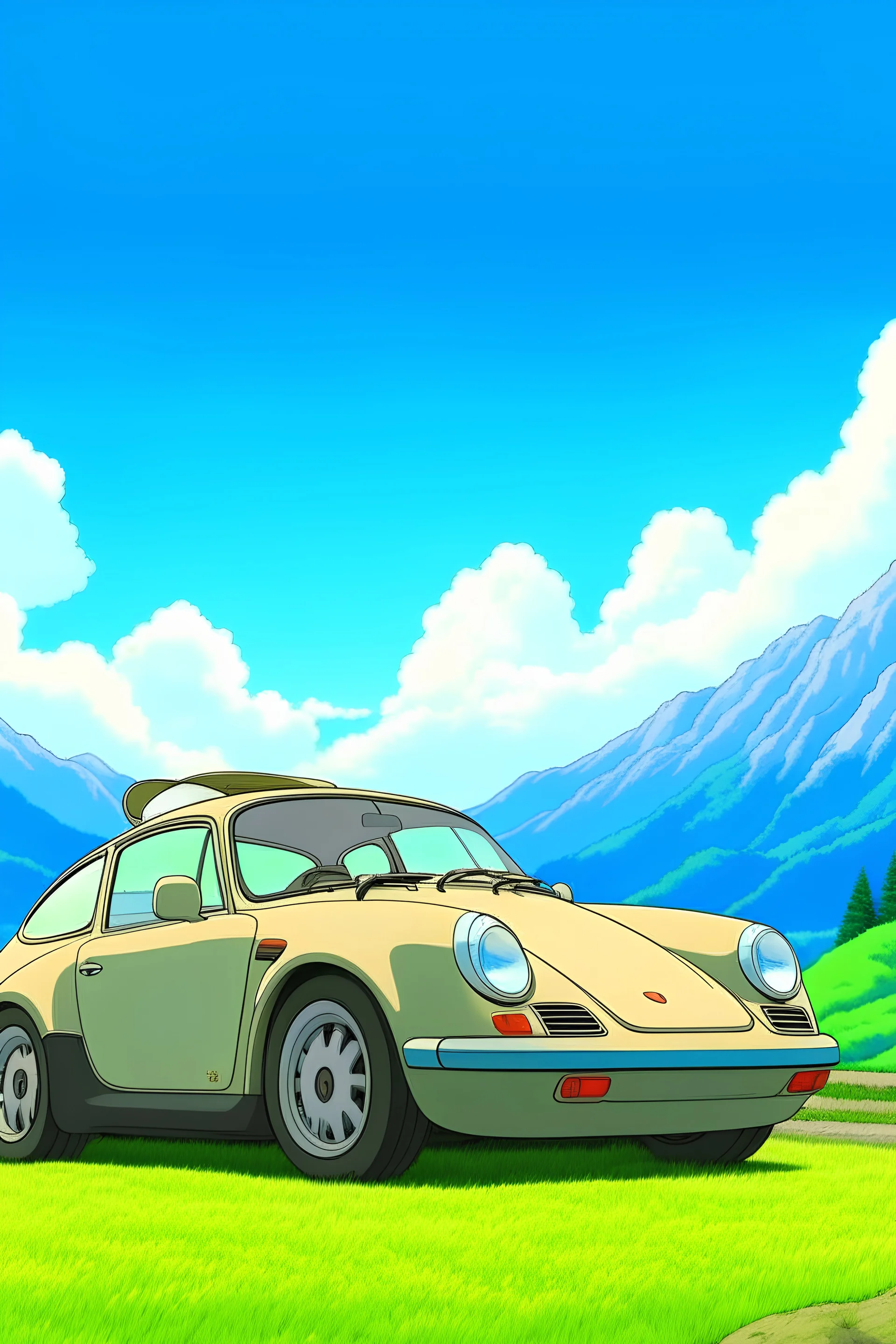 a porche car, mountains in the background, Ghibli style anime