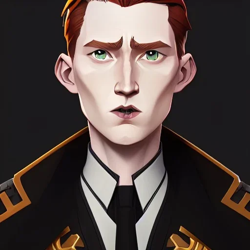 general hux 3/4 view, wearing a black First Order uniform, serious, imposing figure, thick eyebrows, digital art, wearing a black First Order uniform, green eyes, gray background, sepia filter