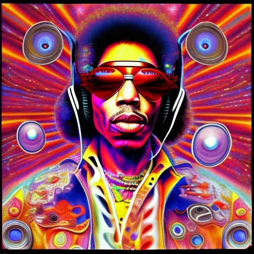 a realistic picture of Jimi Hendrix at a turntable with headphones on being a DJ, vivid color, with sunglasses, psychedelic trippy art, with UFOs in the background