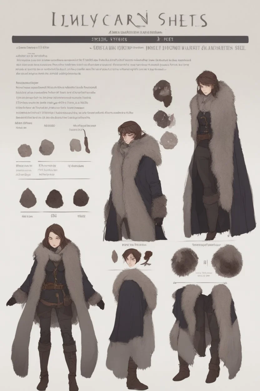 A dnd character sheet. A woman dressed for the cold north dressed in dark furs, with brown hair