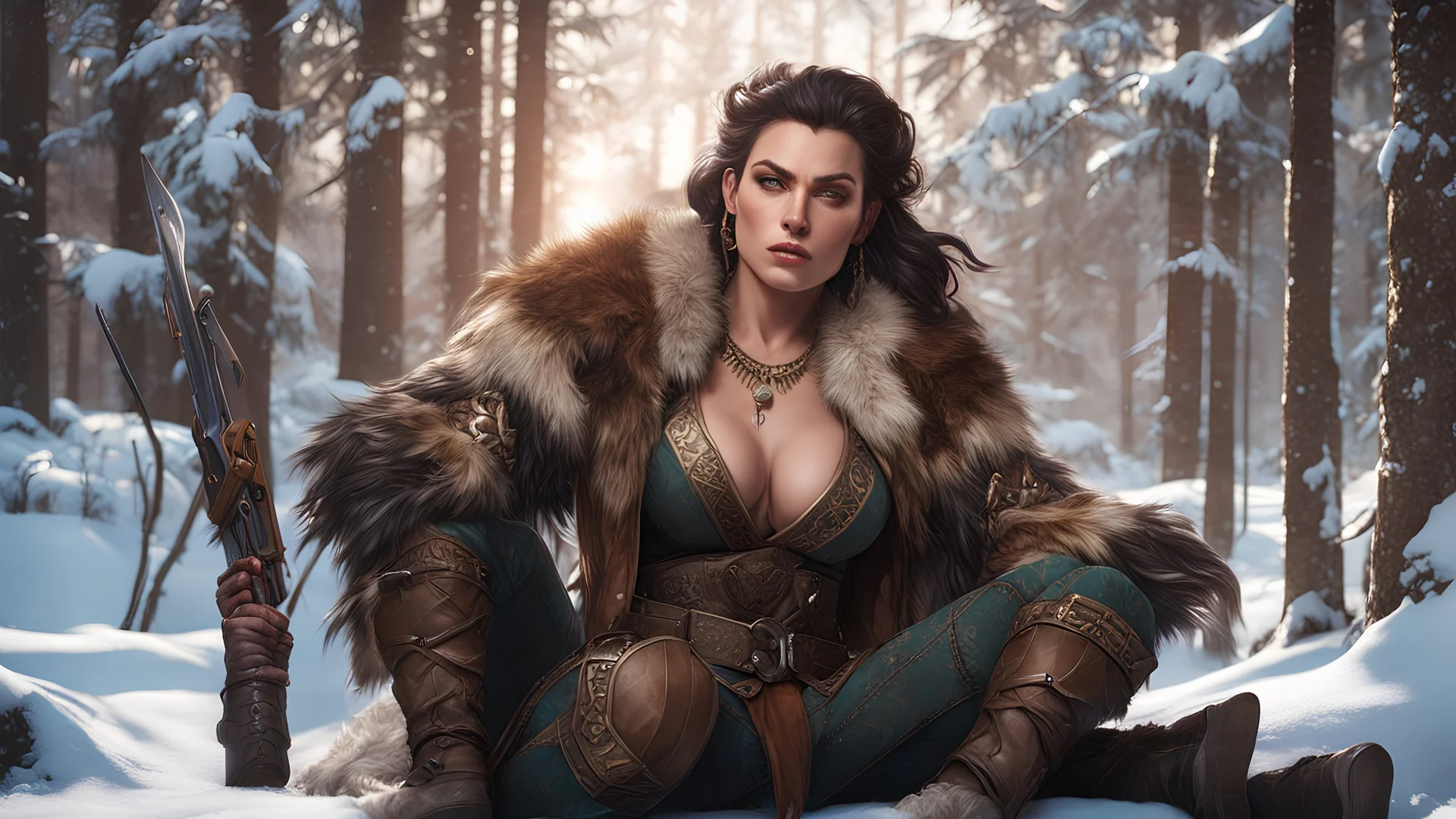 winter, (1woman, russian), (medium full shot), (sitting:1.1), as kraven hunter, lats, trend on artstation, sharp focus, studio photo, intricate detail, highly detailed, unreal engine, 8k resolution, concept art portrait by Greg Rutkowski, Artgerm, WLOP, Alphonse Mucha, dynamic lighting, detailed, Splash art trend on artstation, cinematic