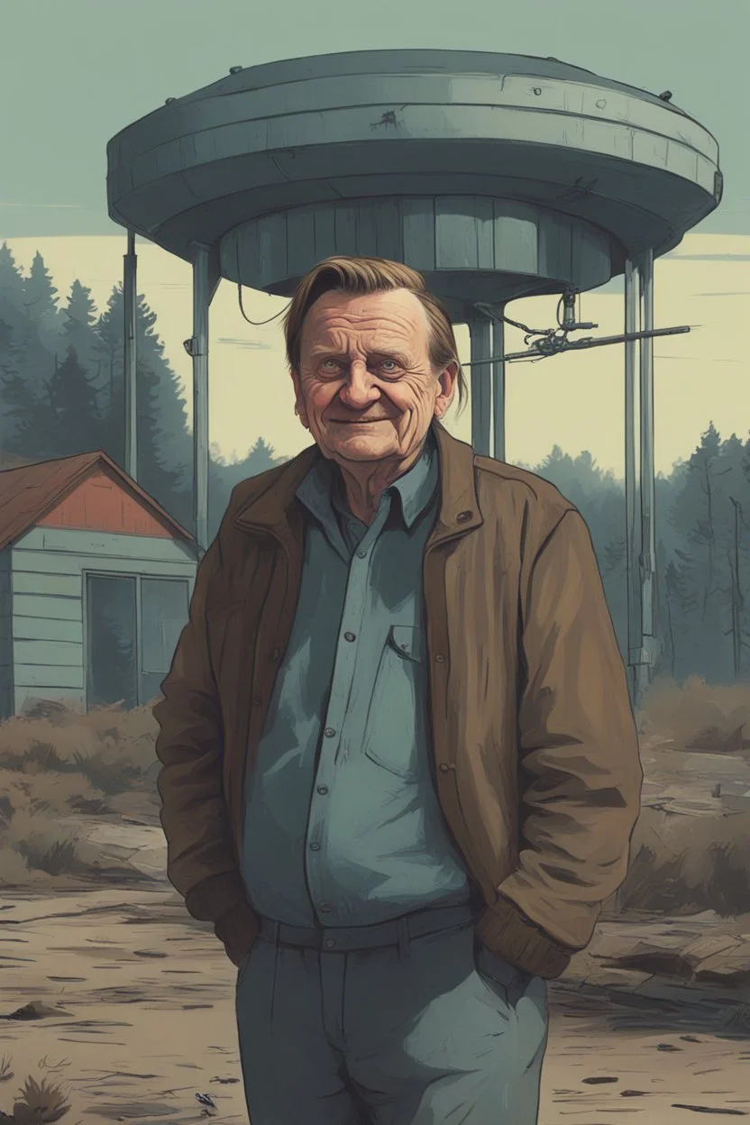 Olof Palme, very evil and laughing, Simon Stålenhag cartoon style