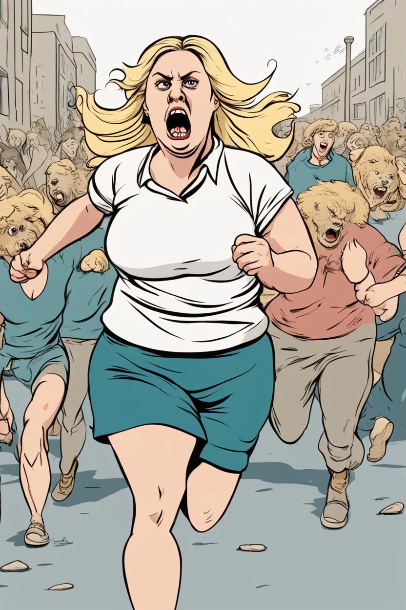 an obese terrified blonde woman running away from an angry mob