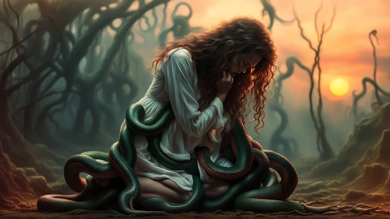 an suffering and crying braided frizzy hair female figure kneel in vintage white long-sleeve sleepdress and a lot of giant green-brown and black-red snakes climbing on his all body completely covered, twisting her legs , many snake climbing her body and neck, high detalied, high realistic, cinematic, surreal, thriller, dark fantasy, sunset, mistic fog, blur dark forest in background