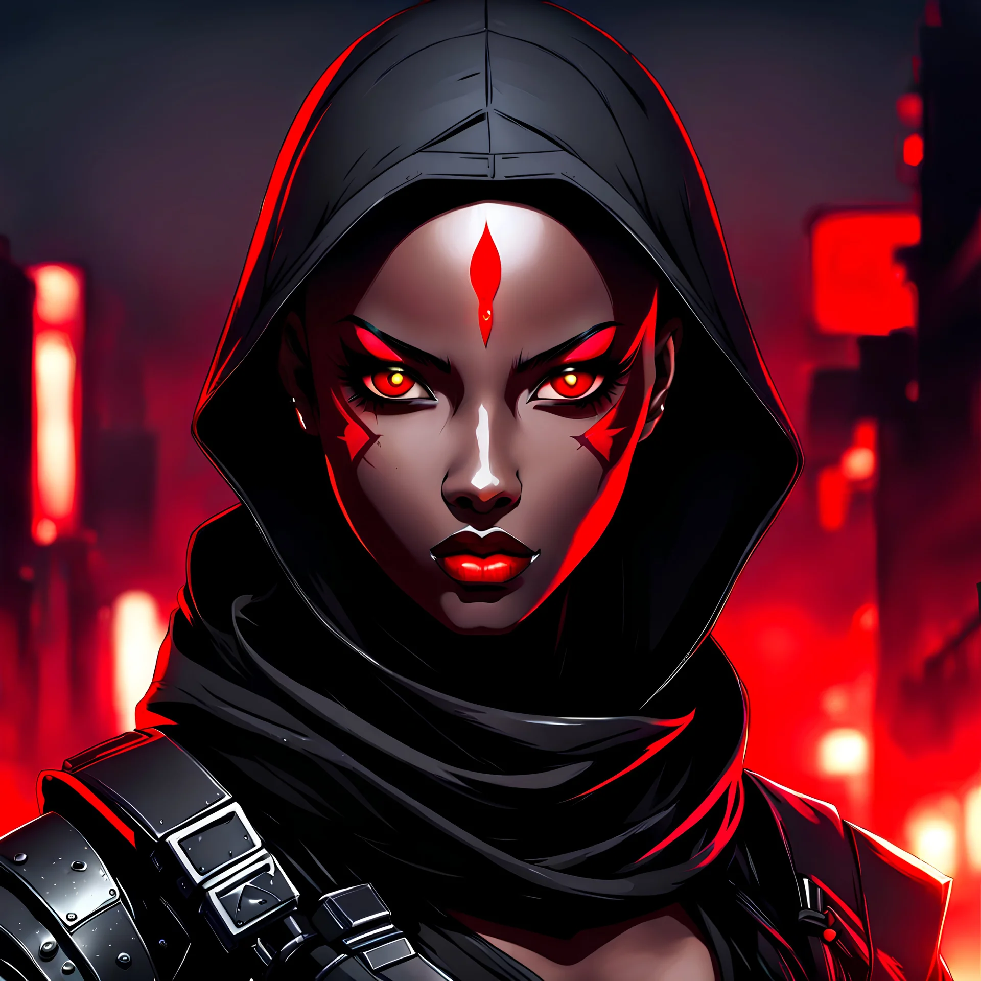 female black assassin with glowing red eyes shaved head post-apocalyptic background, anime style