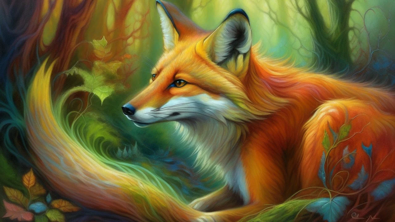 Detailed oil painting of a fox with vibrant colors and intricate fur, inspired by the works of Thomas Moran, Claude Monet and Albrecht Dürer, (long shot), surrounded by a dreamy forest landscape with soft lighting, ethereal atmosphere, realistic but with a touch of fantasy