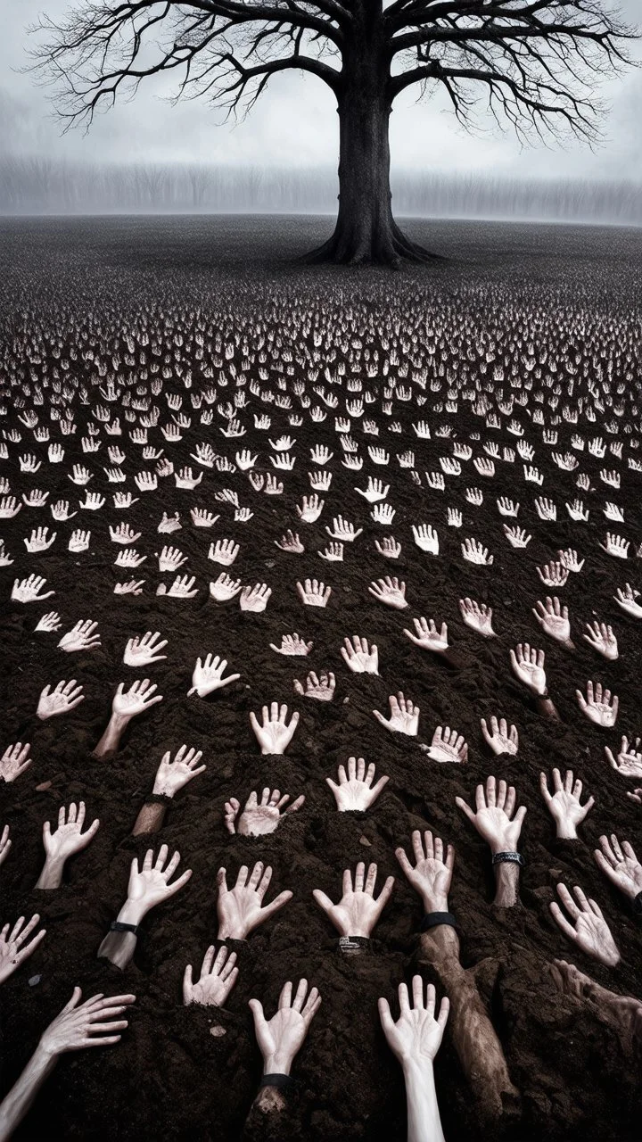 a field of thousands of hands of bodies buried in the ground not visible, horror, hands in different shapes coming out from the ground towards the sky , surrounded by a tree without leaves,Busch painting style nightmare