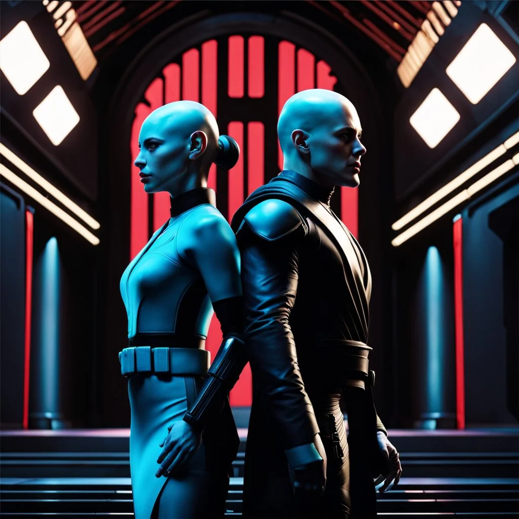 a bold and heroic bald male Corellian pilot in black and metallic grey First Order special forces gear meets a female Jedi Master in ancient, mystical temple, hyperdetailed, dynamic lighting, hyperdetailed background, 8k resolution, volumetric lighting, light skin, fully symmetric details