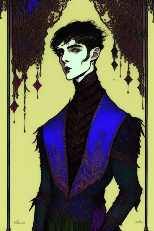 17 year old boy, orc, dressed in noble clothes, friendly, with upturned nose, short tusks , in the style of Harry Clarke