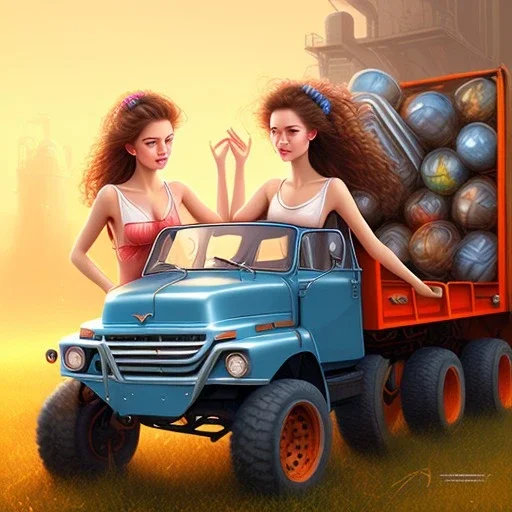 upper body of cute girls holding hands inside dumper truck, book cover, fantasy art, sketch, movie poster