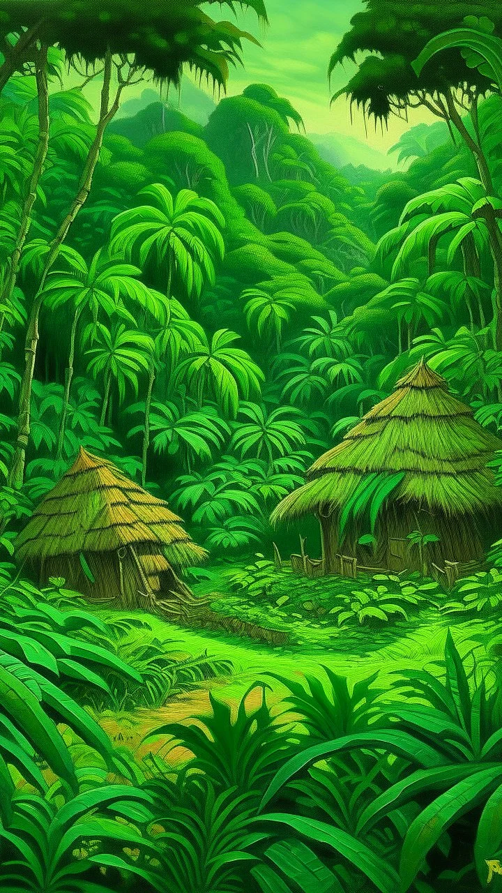 A green jungle with tribal huts painted by Frank Wilson