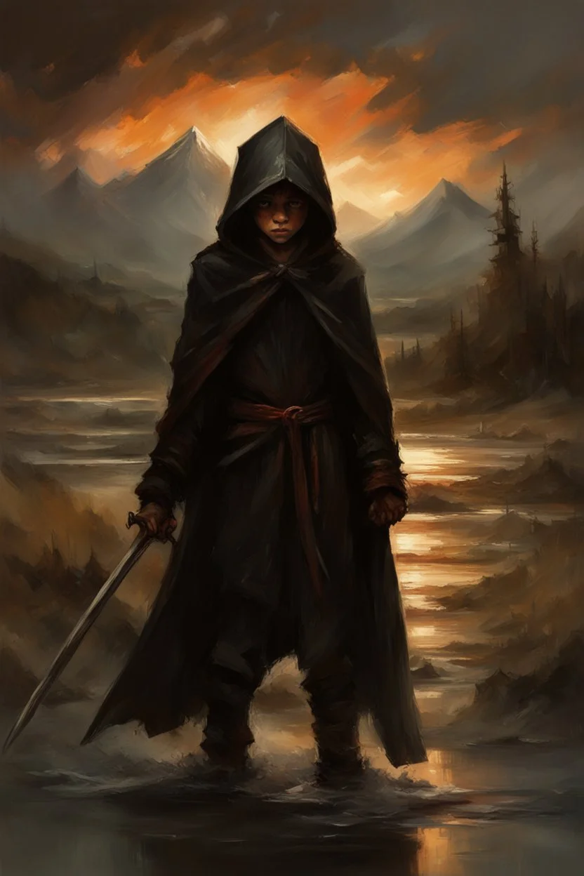 A formidable warrior-a 10-year-old boy in a black robe with a hood, on the background Amazing gloomy landscape, flooded with sunset, mountains, trees, fabulous scary hero, , juicy emotions, painting, dark fantasy, bad weather, gloomy day, dark world, by Raymond Swanland & Alyssa Monks & Anna Razumovskaya