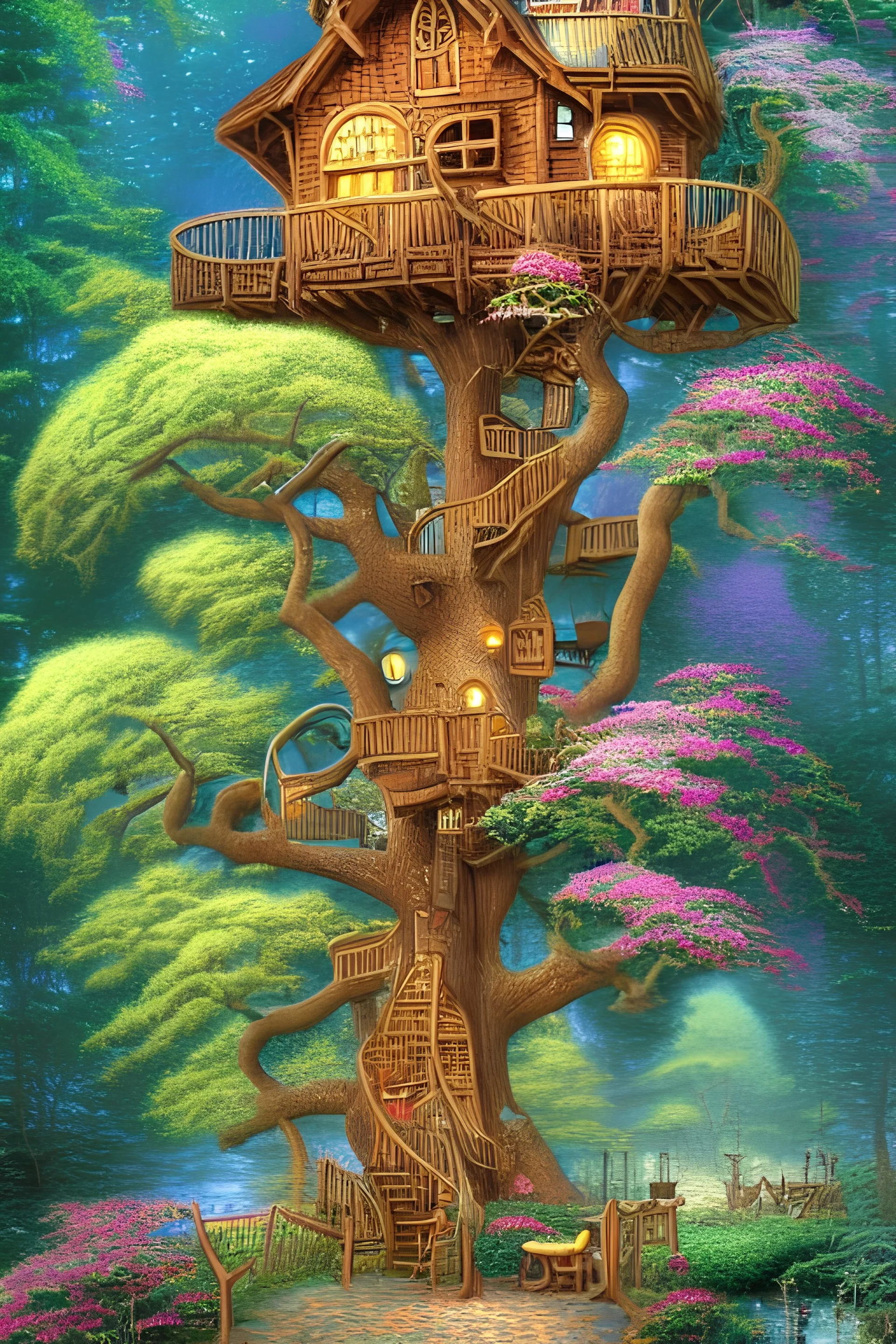 A beautiful treehouse, microscopic image by electron microscope, art by Thomas kinkade