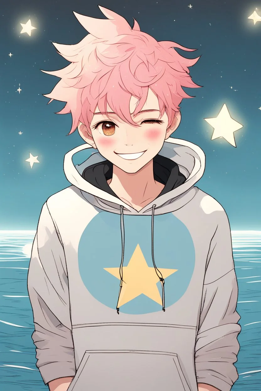 A an androgynous young man with tousled pink hair and golden eyes floating among the stars wearing a light blue hoodie and black board shorts. He is smiling softly and holding a star in one hand.