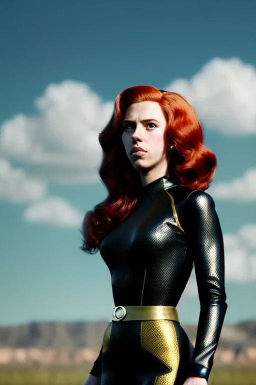 retro portrait image from 1960, sky background, wind, long red hair, fighting stance, sweet young Scarlett Johansson, black dress, classic long tight lycra black suit, gold bracelet and belt, high heel boots, superhero style, soft color, highly detailed, unreal engine 5, ray tracing, RTX, lumen lighting, ultra detail, volumetric lighting, 3d, finely drawn, high definition, high resolution.