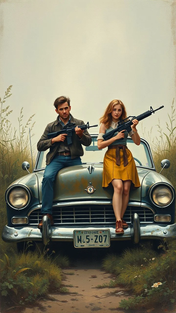 A 1960 ford black with broken front lights cracked colour a man and a woman holding machine guns standing by the car like in a forgotten battlefield overrun by vegetation, cutesy tiktok detailed oil painting, grainy, old style