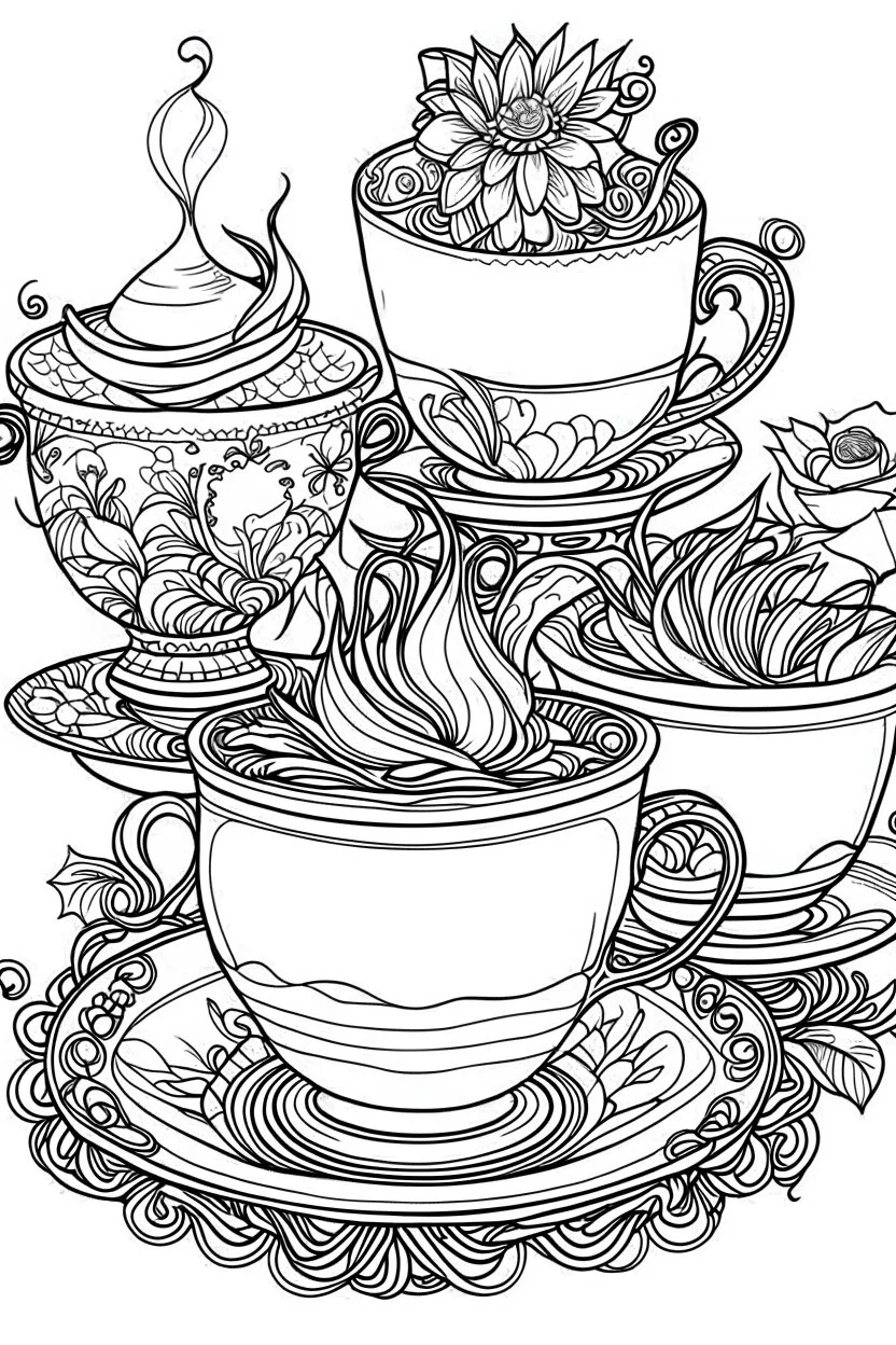 Outline art for coloring page, AVANT GARDE DRAWING TEACUP SET ON A TABLE, coloring page, white background, Sketch style, only use outline, clean line art, white background, no shadows, no shading, no color, clear