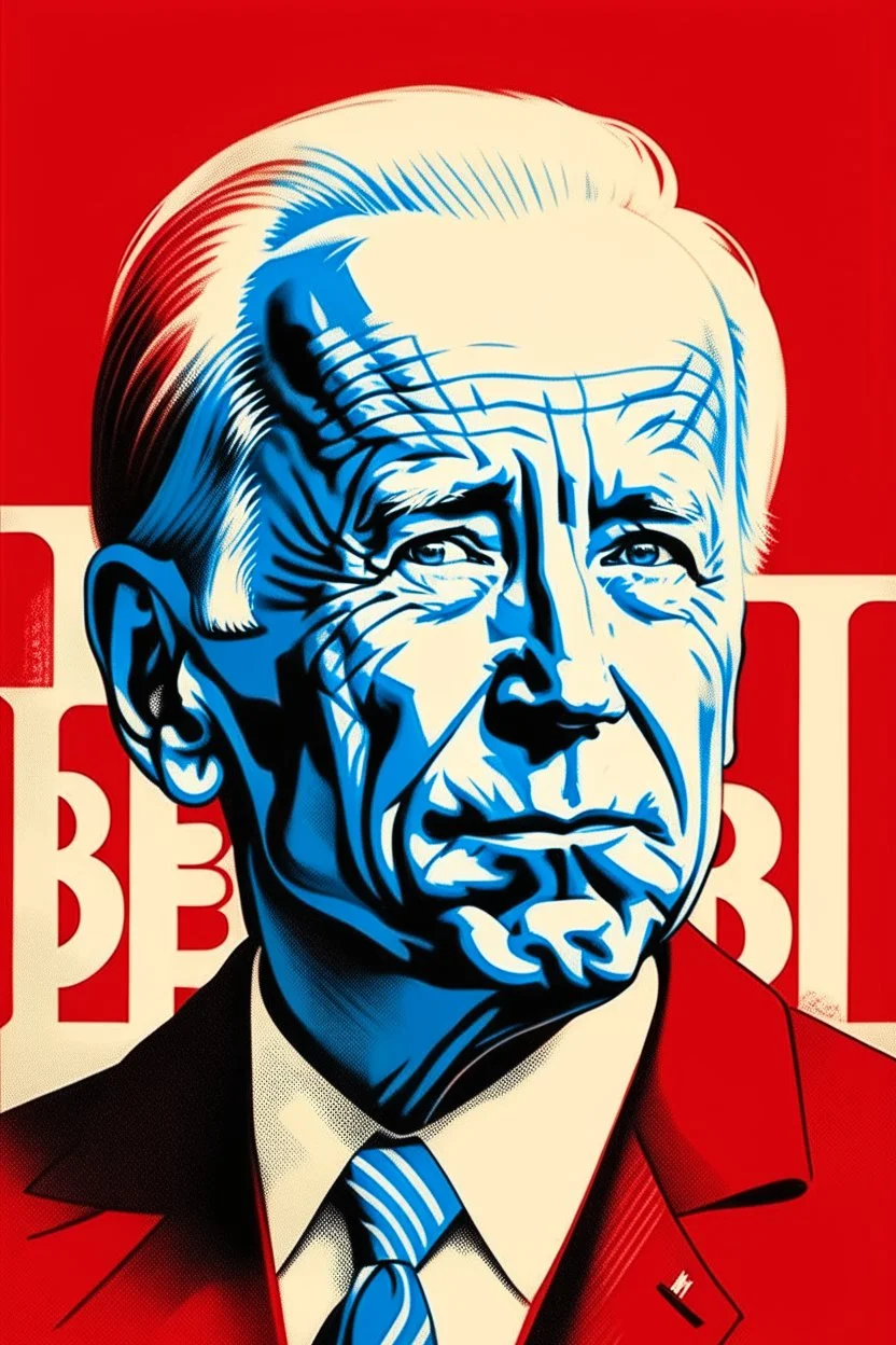 stylized stencil portrait of Joe biden in solid red, beige and (light and dark) blue with the cyrillic charachters for the word "obey" overlaid on the bottom of the image in red