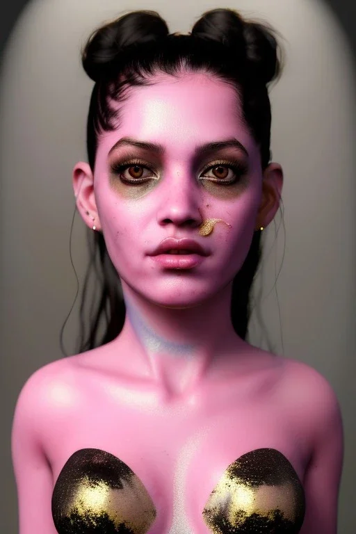 Realistic image, Rosalía artist, portrait, waist up portrait, long black eye line, sweet, gold and pink geisha style, spray glow make up, led lights, neon, led piercing nose, led ornament, fog, bubble latex coat, vibrant color, highly detailed, art stations, concept art, smooth, unreal engine 5, god rays, ray tracing, RTX, lumen lighting, ultra detail, volumetric lighting, 3d, finely drawn, high definition, high resolution.