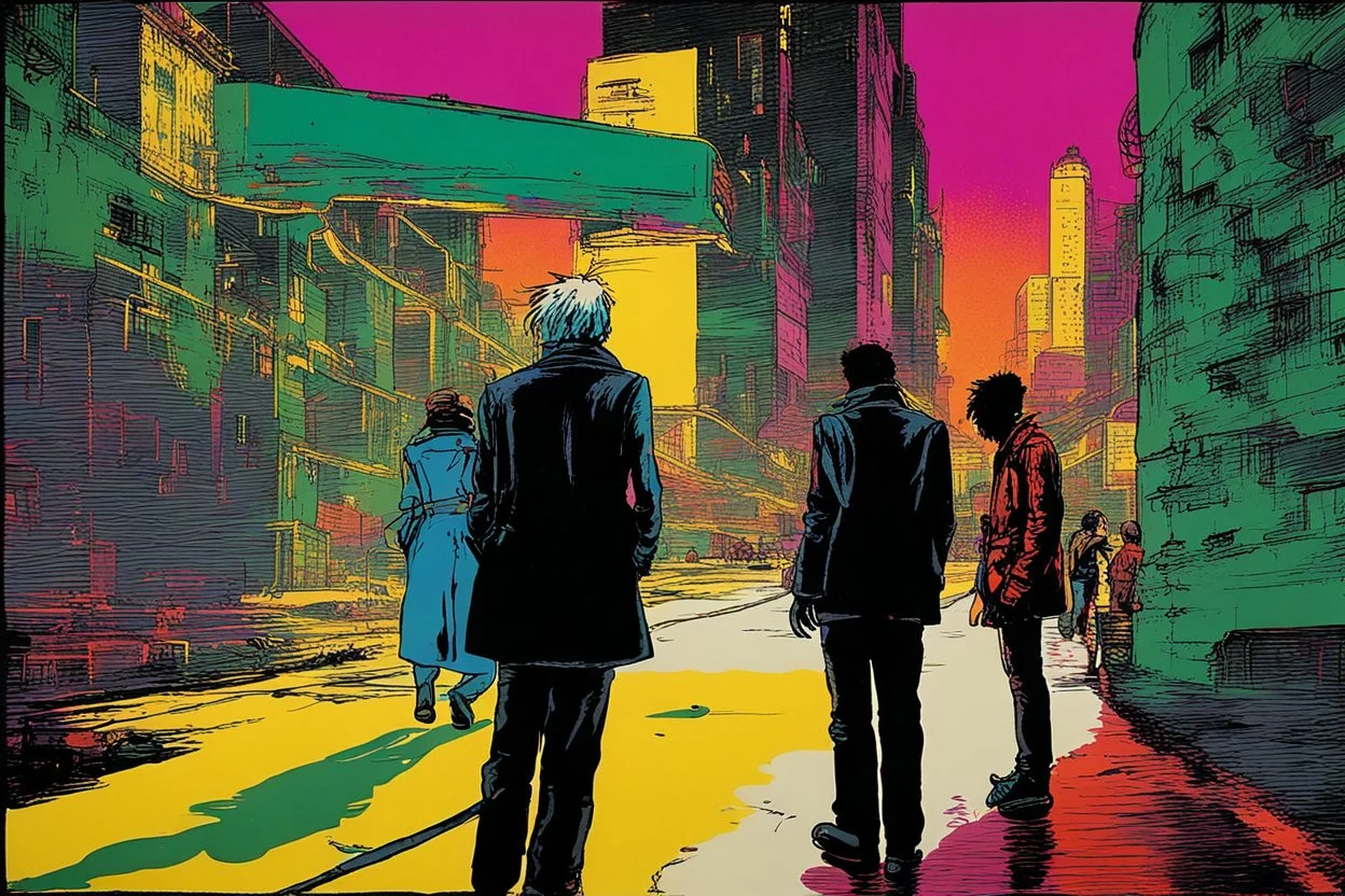 classic painting of a cyberpunk colourful walkway with two people making an exchange in the city with pollution by andy warhol