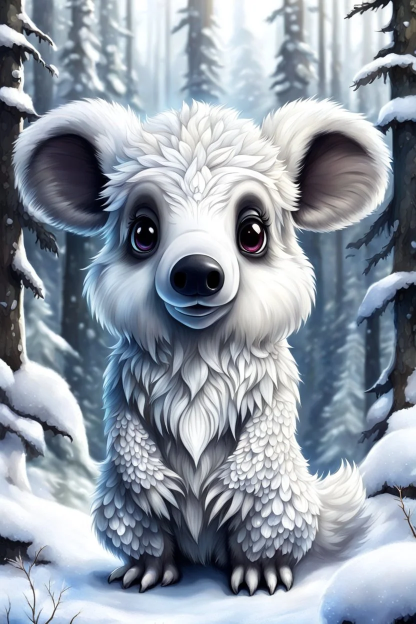 A chibi soft fluffy white furred, medium height mutant mammal with medium snout, big dark eyes, big tassel ears, a cute fantasy creature. Tundra forest , snow in the background. sharp focus, intricate details, masterpiece