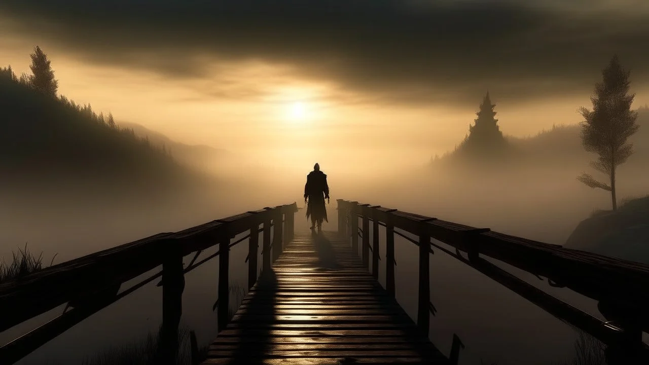 walking straight ahead over a wooden bridge, holding the angel of death with your right hand, entering the fog at the end of the road that leads to the afterlife, a stream from the mountains flows from the right and left, and a beautiful sunset behind the fog, realistic