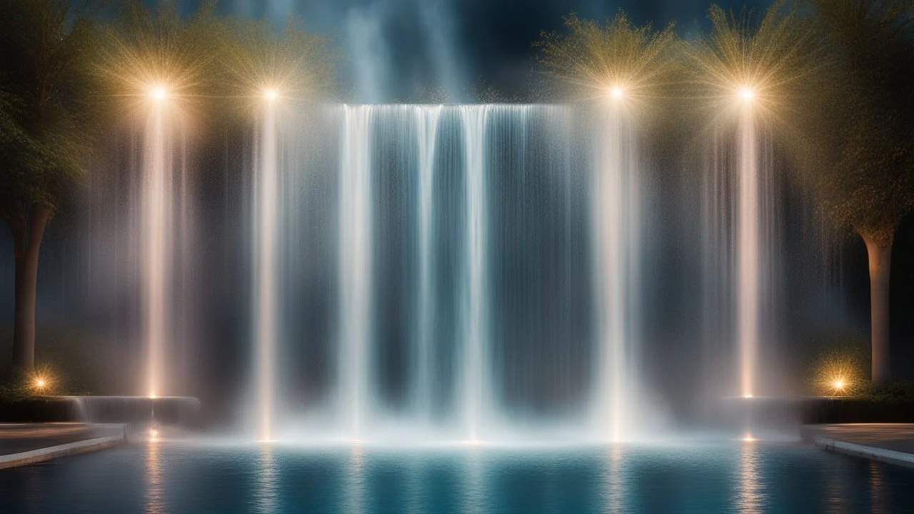 sparkling fountains, moonlight, recreation, relaxation, luxury, magnificent showers, glistening water spray, dream world, calm beauty, symmetry, fantasy world, magic, ecstatic, uplifting, inspiring, therapeutic, chiaroscuro, color, award-winning colour photograph, beautiful composition, exquisite detail, Nikon 135mm