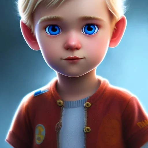 front close up view of cute little blond boy, blue eyes with pixar style