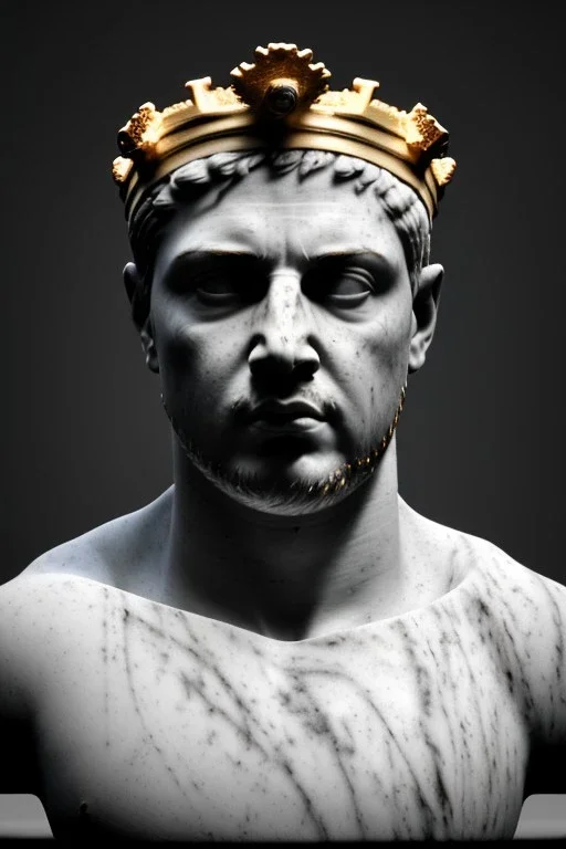 Ultra Realistic image, Roman sculpture, white marble material, young Ronaldo Nazario, gold crown of natural thorns, god crown, gold veins, gold ornaments, Renaissance style, sun rays background, waist up portrait, epic, celestial, cinematic lighting, God lights, 4k resolution, smooth details, soft lighting, unreal engine 5, art station, substance 3d.