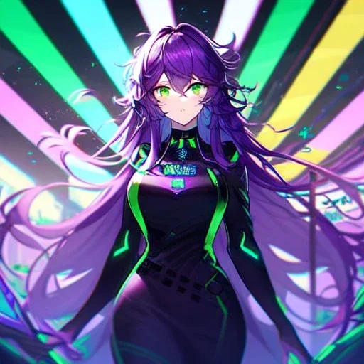 girl, masterpiece, best quality, volumetric lighting, dynamic pose, detailed outfit, perfect eyes, purple hair, green eyes, messy hair, long hair, neon lights,